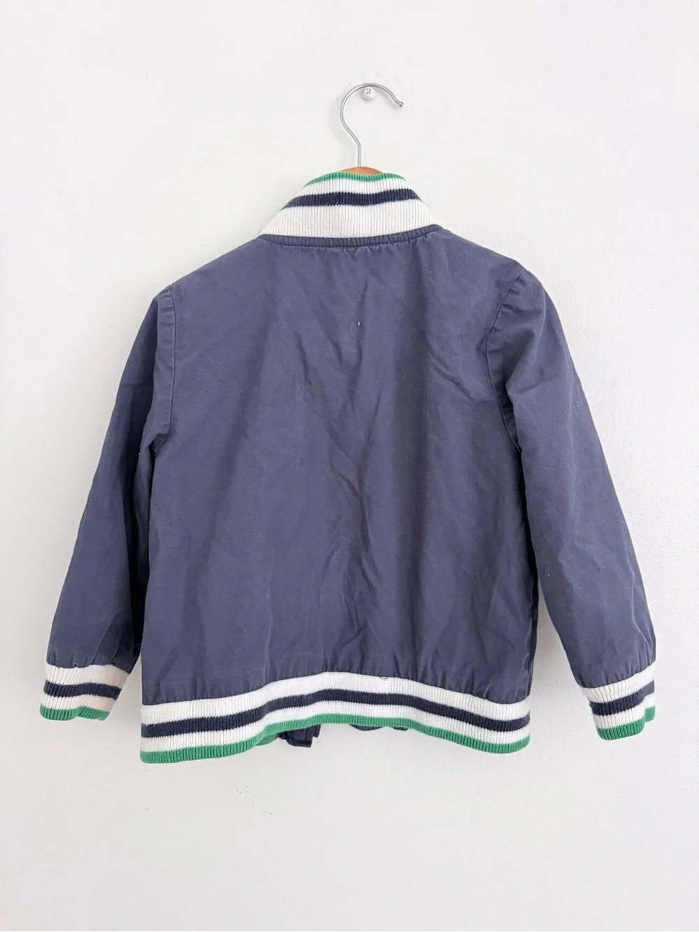 GAP Navy Puffer Jacket with Green & White Striped Trim